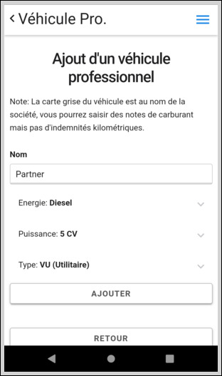 Ajout d'un véhicule professionnel