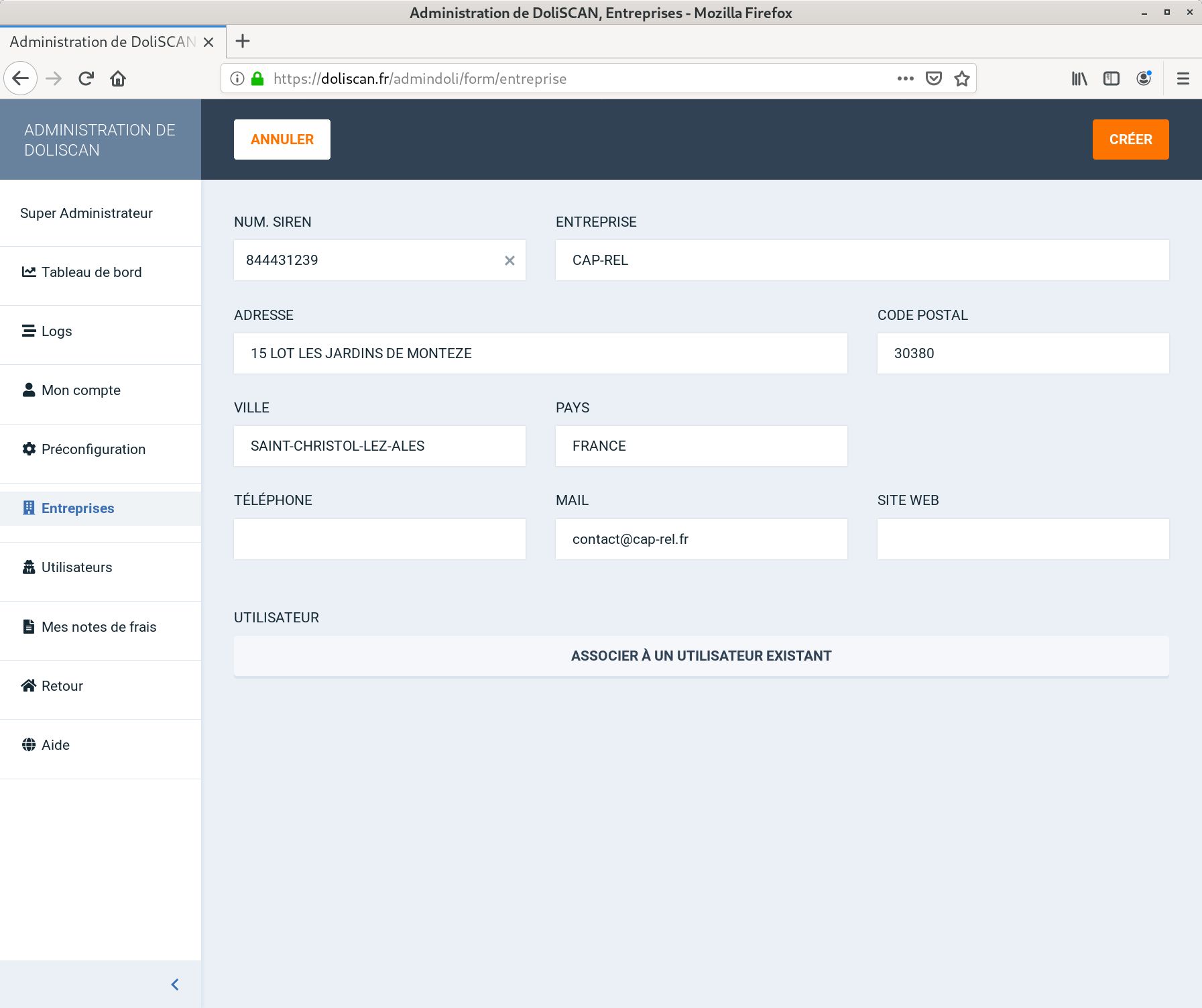 Ajout d'une entreprise - étape 3