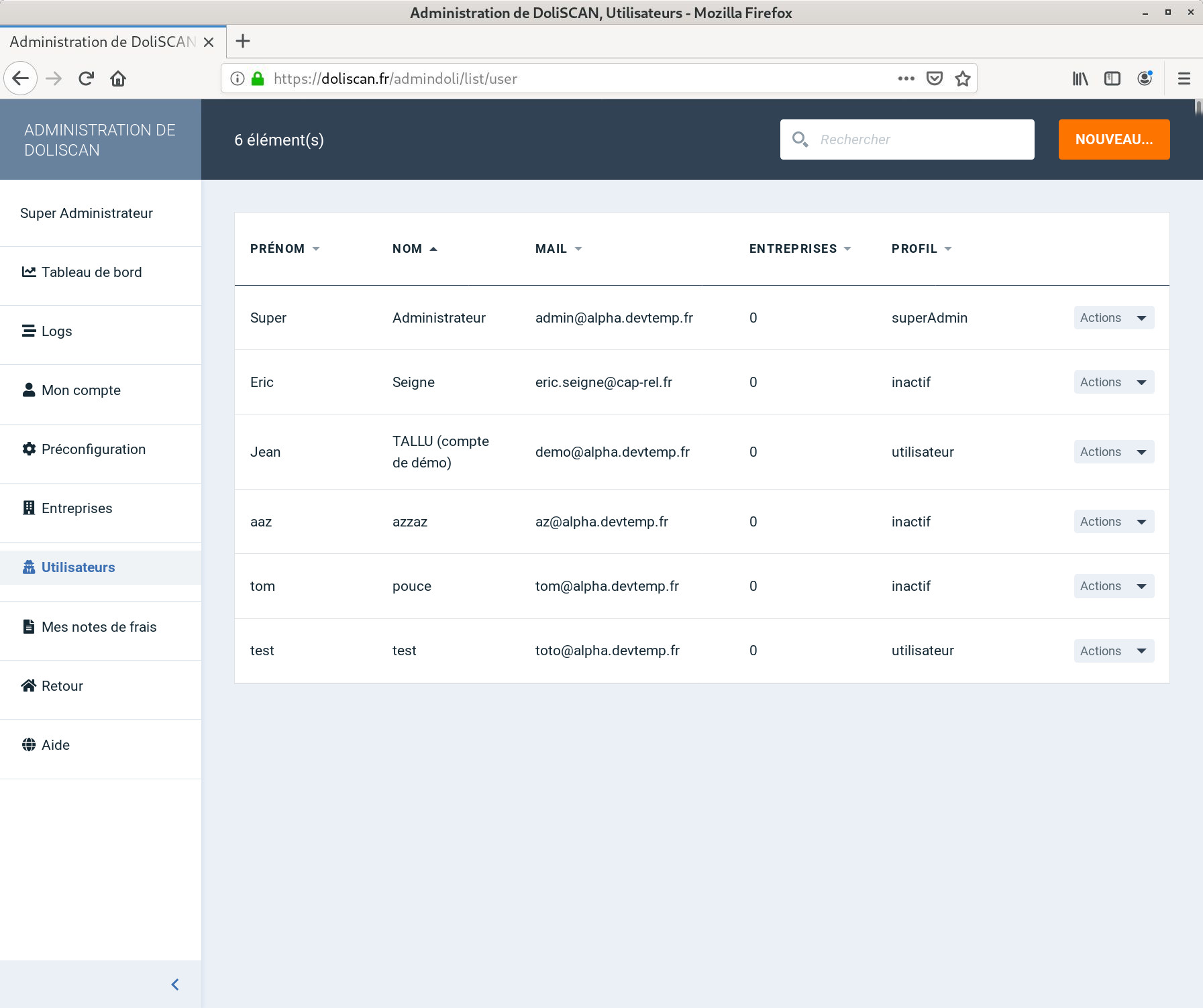 Liste des utilisateurs